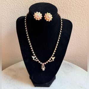 Vintage gold-tone aurora borealis rhinestone necklace and earrings